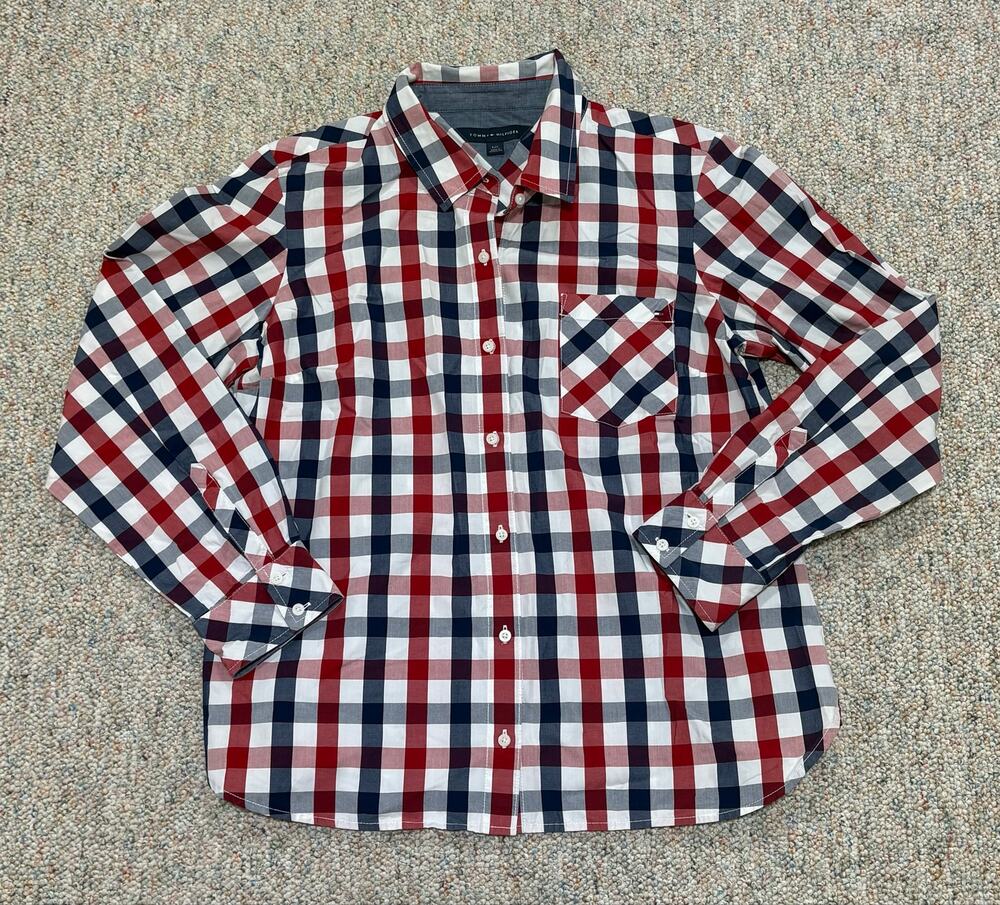 Tommy Hilfiger Button Down Shirt Red White Blue Plaid Roll Tap Button Size Large